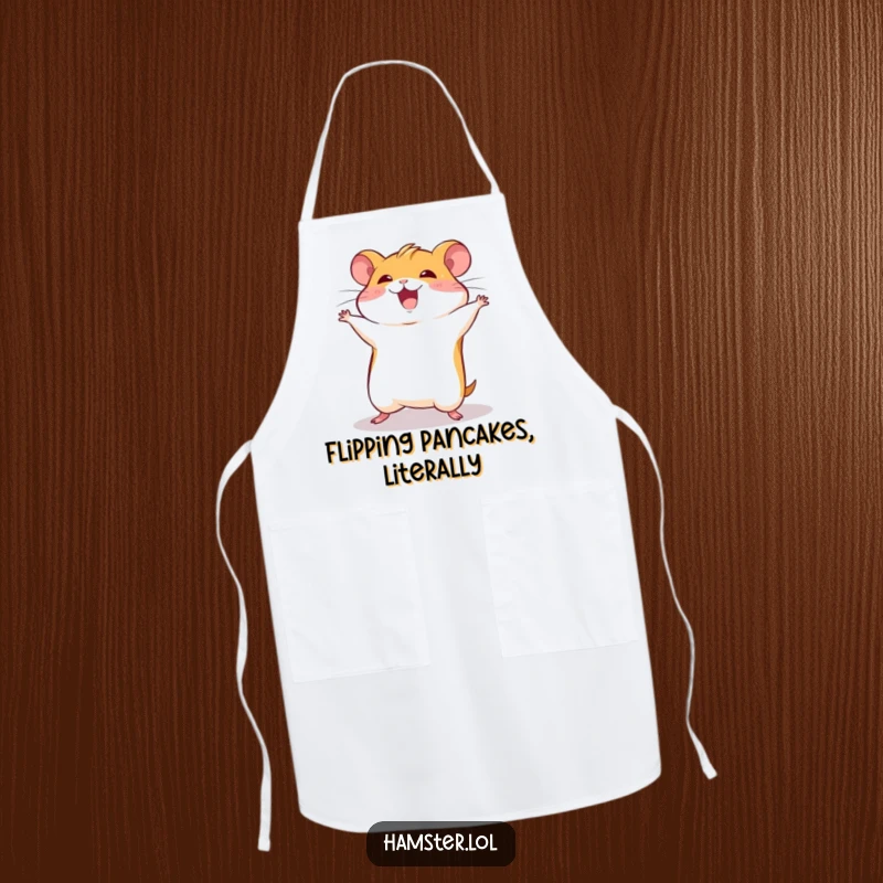 Funny hamster character doing a somersault, suggesting kitchen acrobatics on a humorous chef apron.