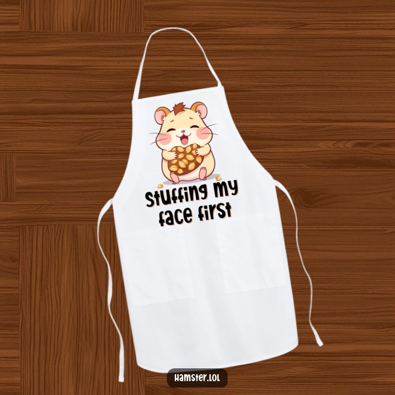 Funny kawaii hamster character wearing a chef hat, cheeks full of seeds, ready for kitchen fun on a humorous apron.