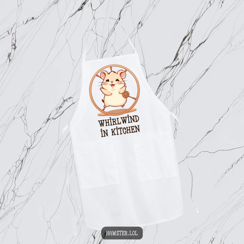 Funny hamster character enthusiastically running on a spinning wheel with glee, a functional and humorous apron.