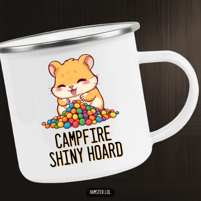 Funny hoarding hamster camping mug, a mischievous hamster character hoarding colorful beads in an outdoor setting, humorous and durable.