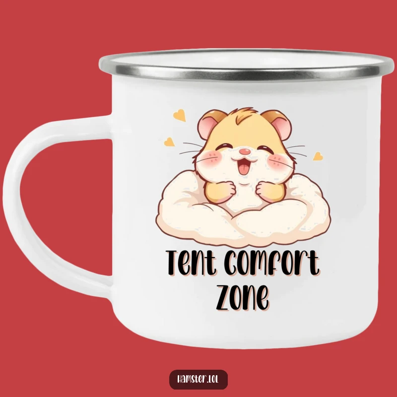 Funny Hamster Camping Mug: Enamel mug with giggling rodent in bedding, a cozy funny gift