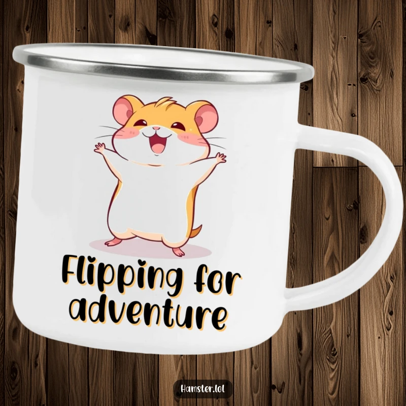 Funny hamster character doing a somersault, designed for humorous outdoor adventures on a camping mug.