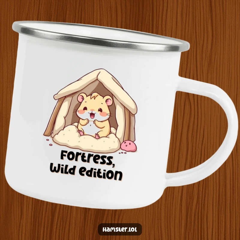 Funny kawaii hamster character building a fort, designed for humorous outdoor adventures on a camping mug.