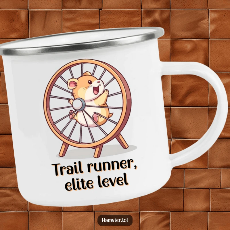Funny hamster character running in a large wheel, designed for humorous outdoor adventures on a camping mug.