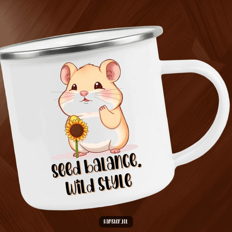 Funny hamster character balancing a seed on its nose, designed for humorous outdoor adventures on a camping mug.
