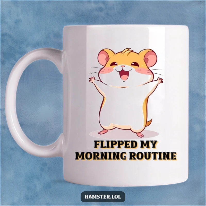 Cute hamster character caught mid-somersault with a joyful expression, depicted on a fun and humorous mug.