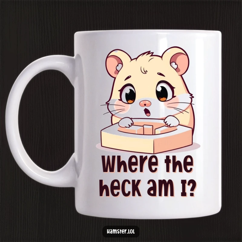 Funny surprised hamster with widened eyes staring intently at a tiny maze, a comical and relatable mug design.