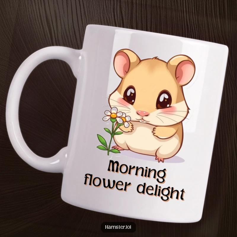 Funny curious hamster mug, a hamster with wide eyes intently sniffing a tiny flower, capturing innocent fascination.