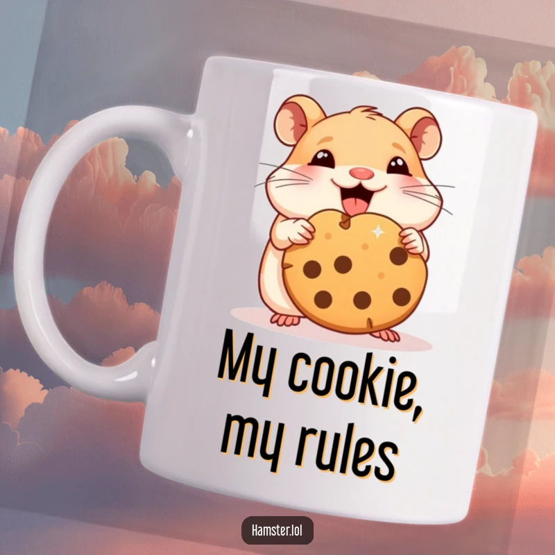 Funny hamster mug with a cute character joyfully munching on a huge cookie piece, radiating happiness and gluttony.