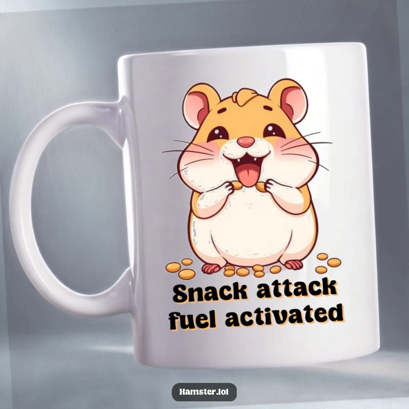 Funny mug with a joyful hamster character enthusiastically stuffing its cheeks full of seeds, showcasing extreme dedication to snacks.