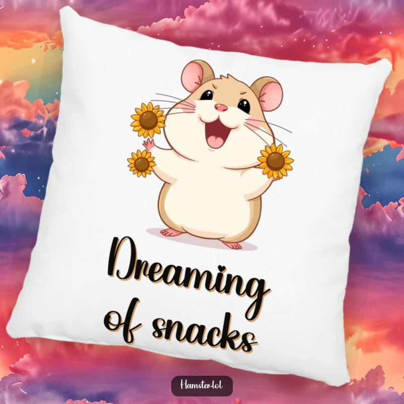 Funny Pillow shows a hamster skillfully juggling sunflower seeds, offering a humorous and comfortable decorative accent.
