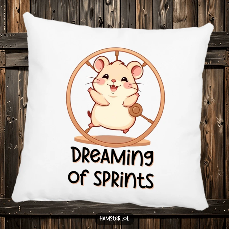 Funny hamster character enthusiastically running on a spinning wheel with glee, a soft and humorous decorative pillow.