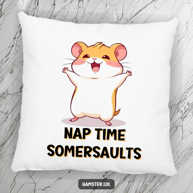 Funny hamster character captured mid-somersault, depicted on a soft and humorous pillow.