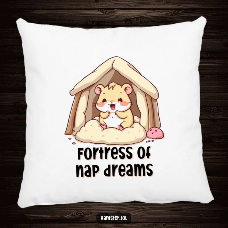 Funny kawaii hamster character building a fort out of soft bedding, depicted on a soft and humorous pillow.