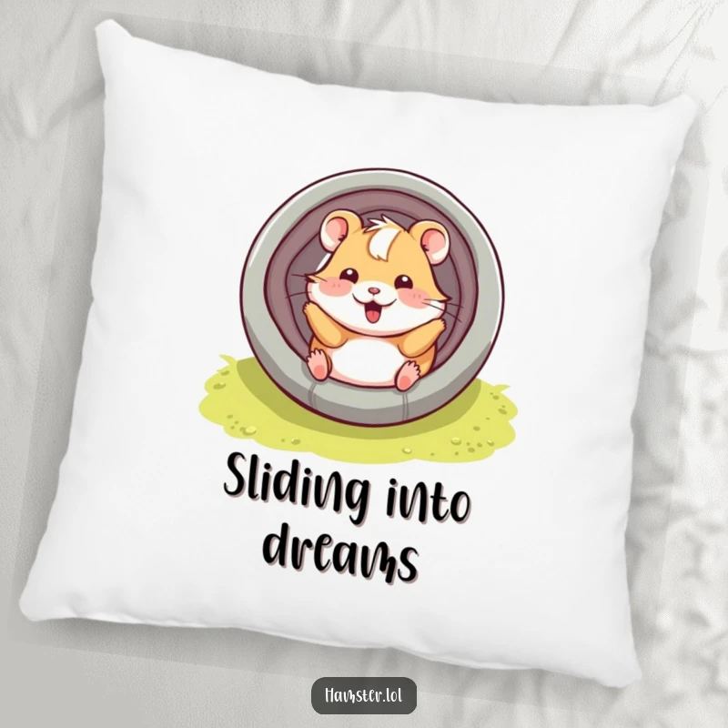 Funny hamster character playfully sliding down a tube with a smile, a soft and humorous decorative pillow.