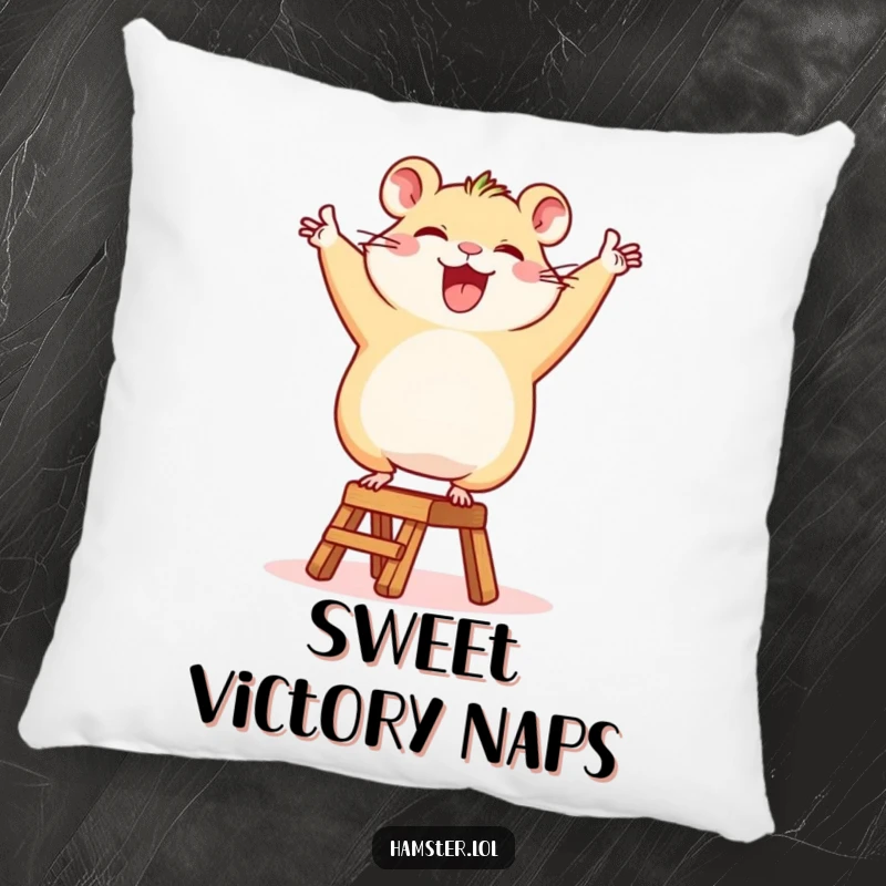 Funny Pillow: A happy hamster character triumphantly dancing on a tiny ladder, perfect for soft comfort.