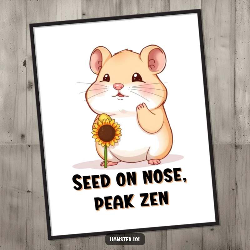 Funny hamster character concentrating with a seed balanced on its nose, a humorous digital art print.