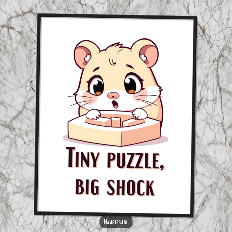 Funny surprised hamster character with widened eyes looking at a tiny maze, a digital art download featuring humorous illustration.