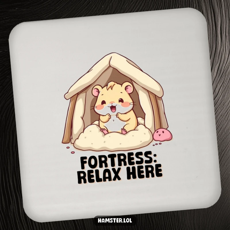 Funny kawaii hamster character building a fort out of bedding, on a durable and humorous drink coaster.