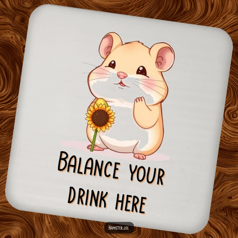 Funny hamster character balancing a seed on its nose, on a durable and humorous drink coaster.