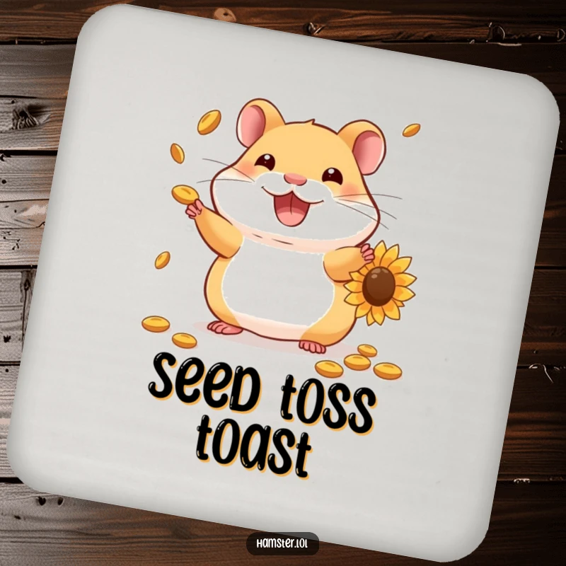 Funny Hamster Coaster: Cute hamster juggling sunflower seeds with a grin, adding humorous skill to drink protection.