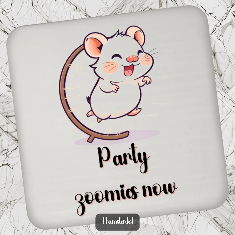 Funny drink coaster featuring a giggling hamster character running at lightning speed on its wheel, adding a humorous touch to surface protection.