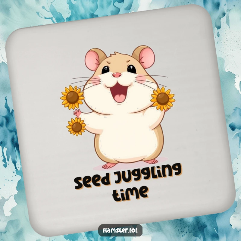 Funny Drink Coaster shows a hamster juggling sunflower seeds, adding a humorous and skillful element to surface protection.