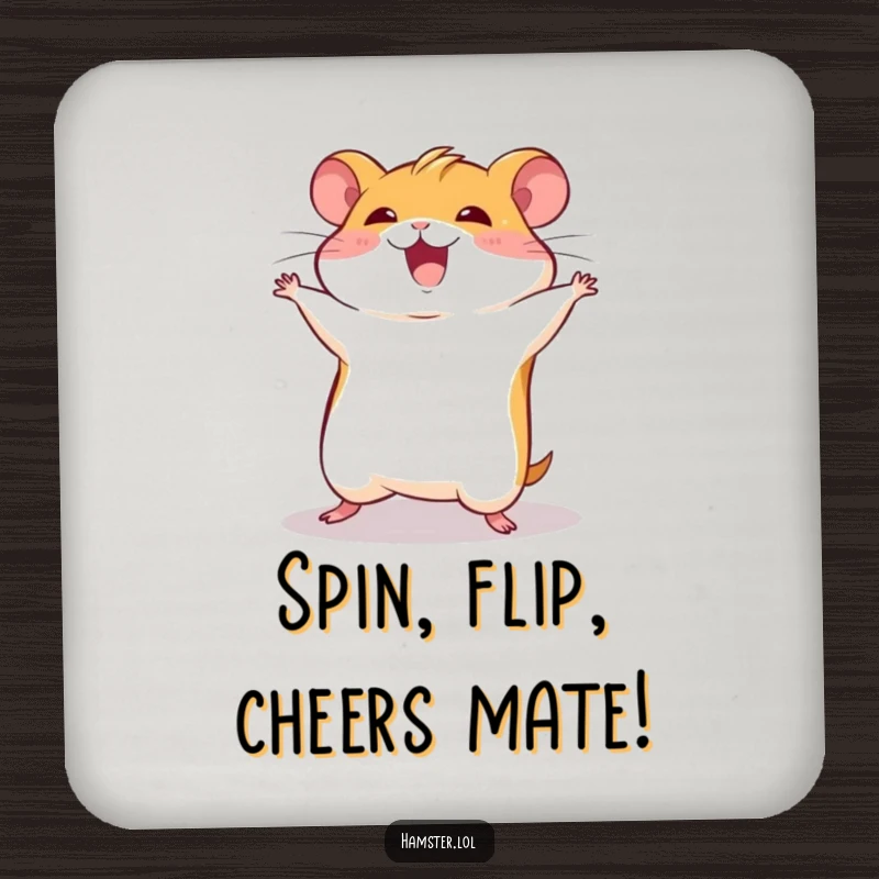 Funny hamster character captured mid-somersault, on a durable and humorous drink coaster.