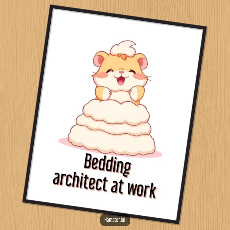 Funny poster of a joyful hamster character focused on building an elaborate tower using soft bedding fluff, creating a whimsical scene.