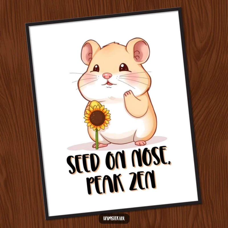 Funny hamster character demonstrating perfect balance with a seed on its nose, creating a humorous and captivating poster print.