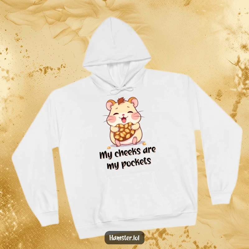 Funny kawaii hamster character with overstuffed cheeks, happily hoarding seeds, depicted on a cozy hoodie for ultimate humorous comfort.