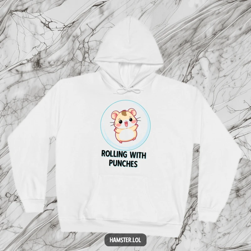 Funny hamster ball hoodie, a happy hamster character in full speed within a clear hamster ball, a symbol of pet energy.