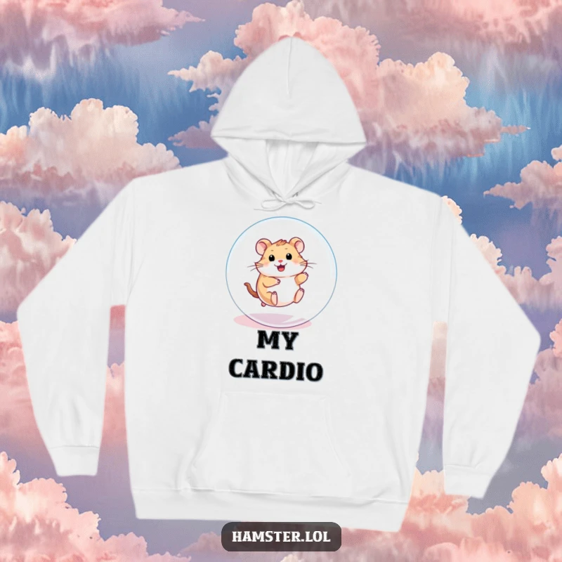 Funny Hoodie: A playful hamster character enthusiastically rolling inside a transparent ball, perfect for cozy comfort.
