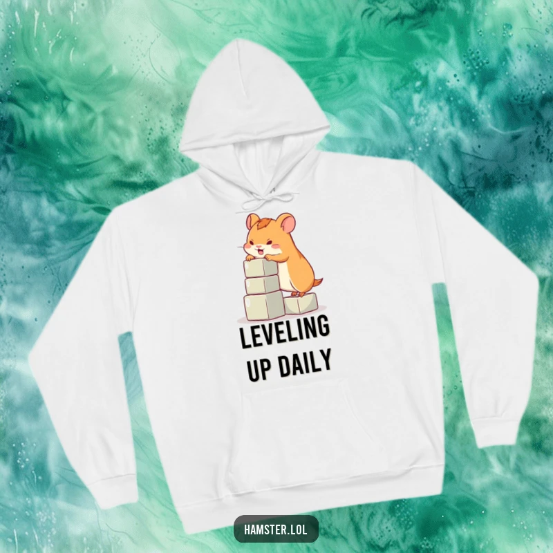 Funny hamster hoodie, a cute hamster heroically attempting to scale a tiny block tower, showcasing a funny, determined struggle.