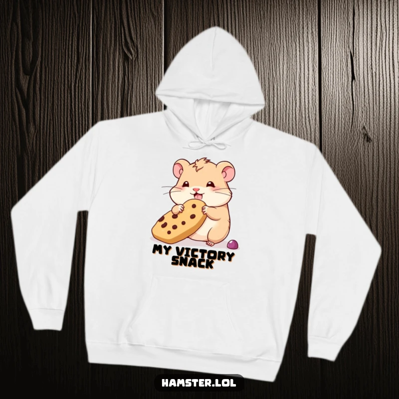 Funny wobbly hamster hoodie, a hamster character precariously balancing an oversized treat, a cozy and humorous design.
