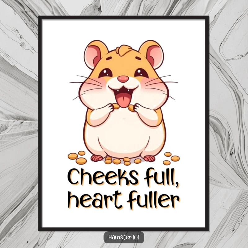 Funny Free Printable Wall Art: Joyful hamster enthusiastically stuffing its cheeks with seeds, a humorous decoration.