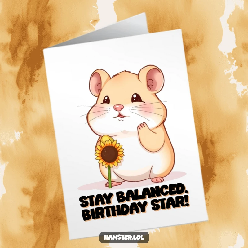 Funny Free Printable Birthday Card: A hamster playfully balancing a tiny sunflower seed on its nose, a delightful birthday wish.