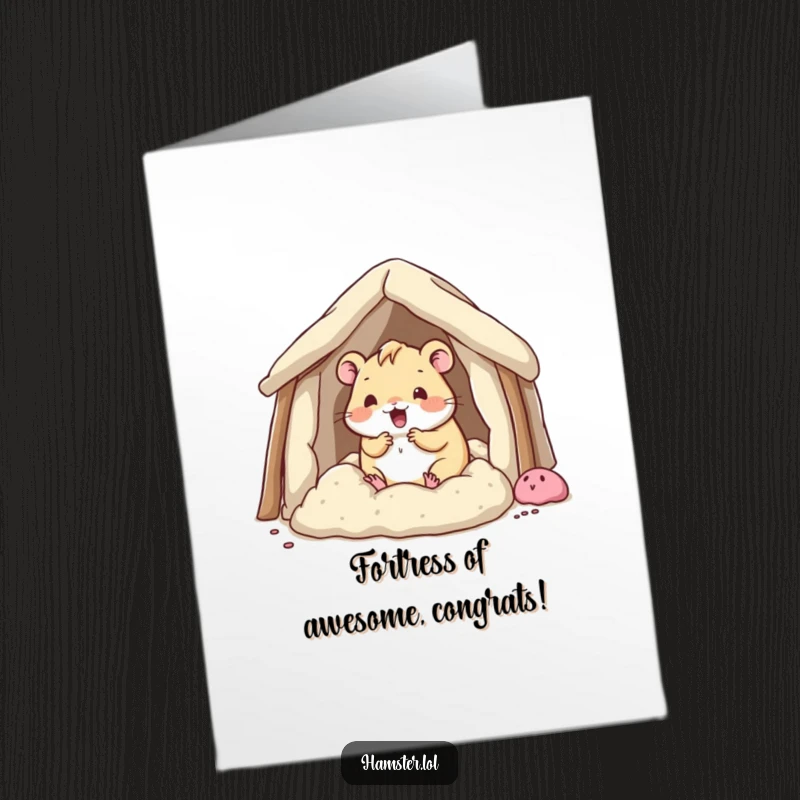Funny Free Printable Congratulations Card: A kawaii hamster enthusiastically building a bedding fort, celebrating your success with cozy determination, a download.