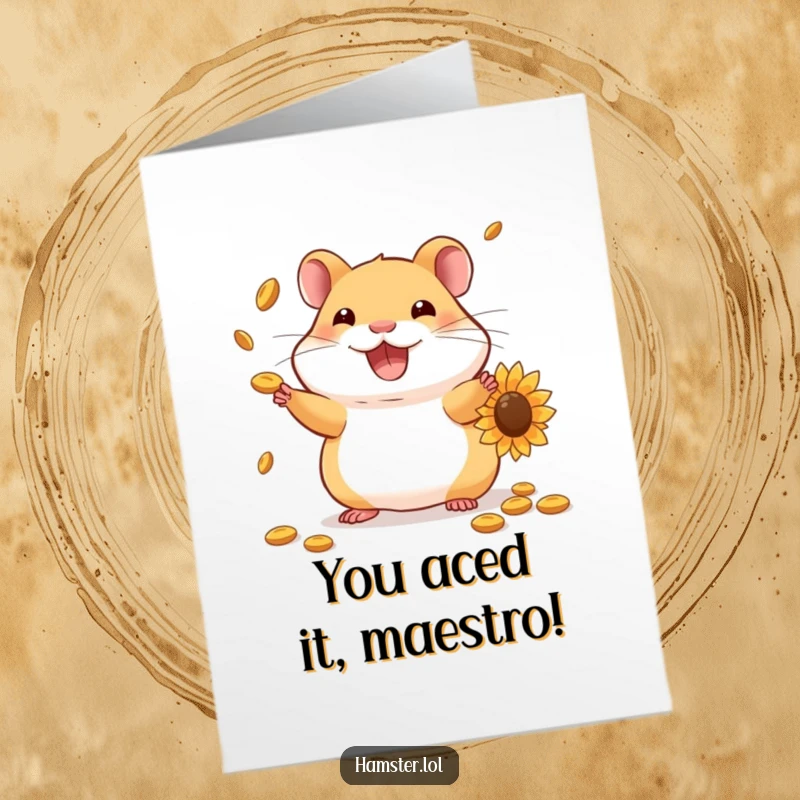 Funny Free Printable Congratulations Card: A smiling hamster masterfully juggling sunflower seeds to celebrate a fantastic accomplishment.