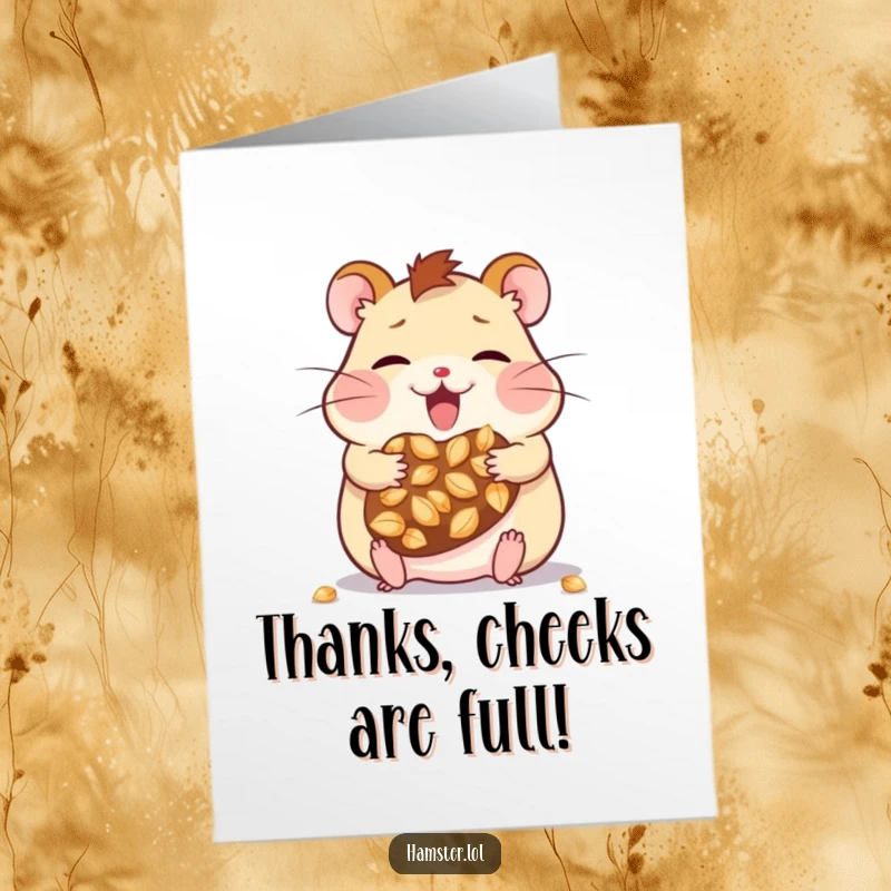 Funny Free Printable Thank You Card: A kawaii hamster excitedly stuffing seeds into its cheeks, a delightful way to give thanks.