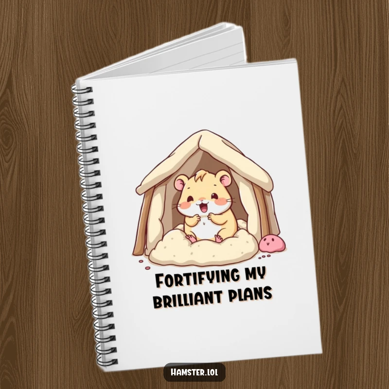 Funny kawaii hamster character building a fort, featured on a humorous and inspiring notebook.