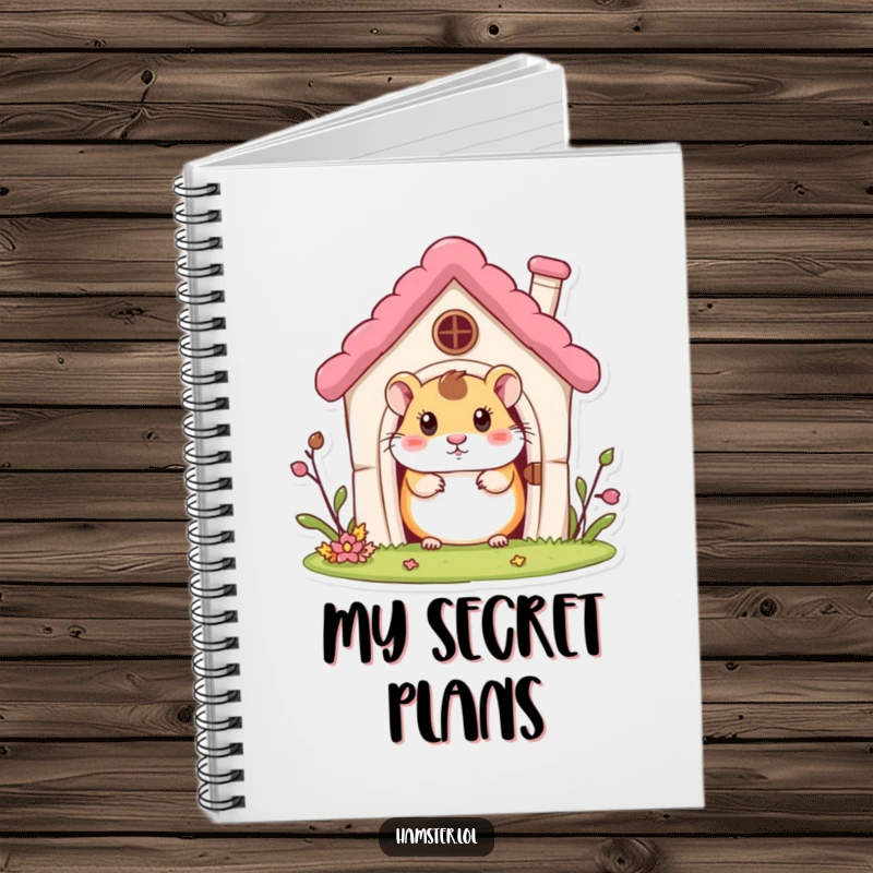 Funny Notebook: A curious hamster character peeking out from a miniature house, ideal for writing and notes.