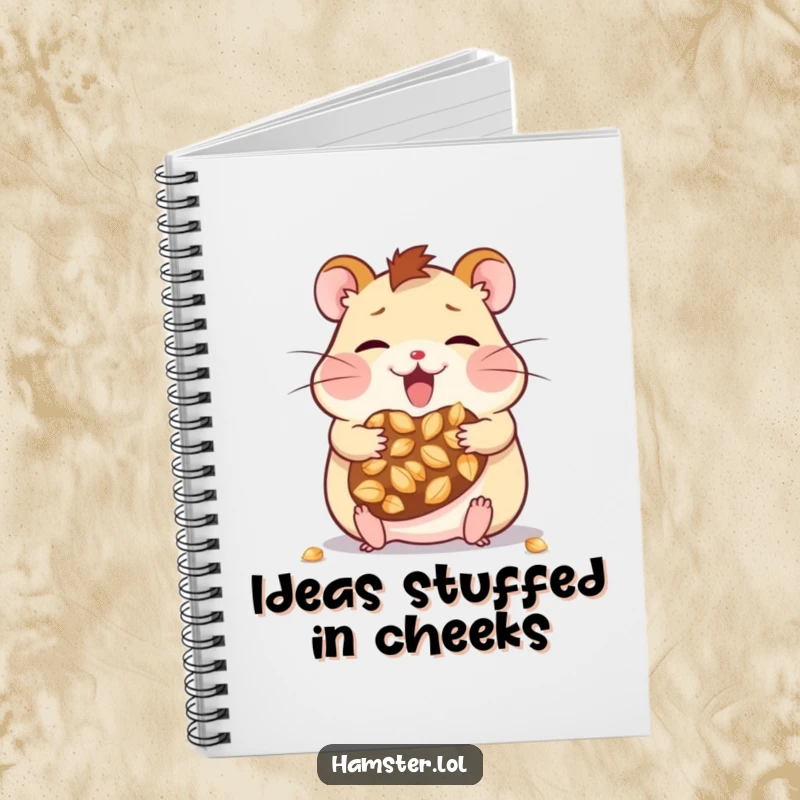 Funny kawaii hamster character with stuffed cheeks, ready to write, featured on a humorous and charming notebook.
