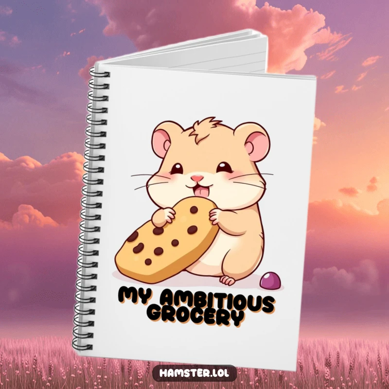 Funny wobbly hamster notebook, a hamster trying to hoard an oversized treat, for journaling and ambitious thoughts.