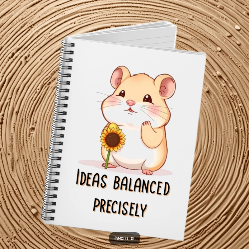 Funny hamster character balancing a seed on its nose, featured on a humorous and inspiring notebook.