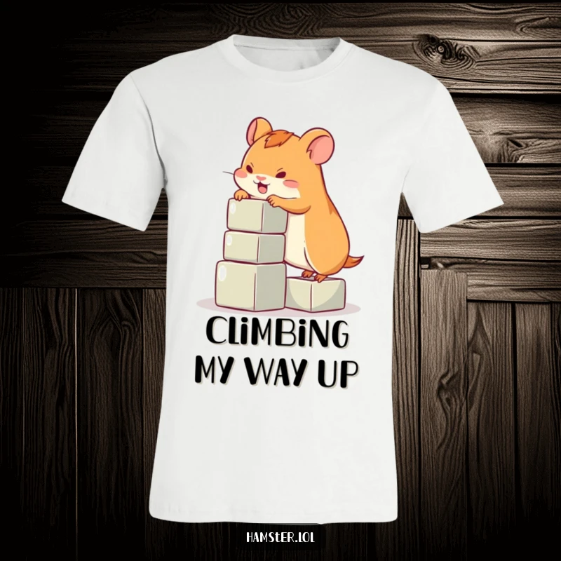 Funny hamster t-shirt, a playful hamster character struggling to climb a small stack of blocks, conveying effort and humor.