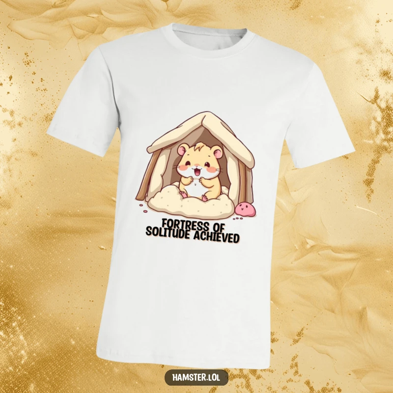 Funny kawaii hamster character actively constructing a fort with bedding, captured on a humorous t-shirt.