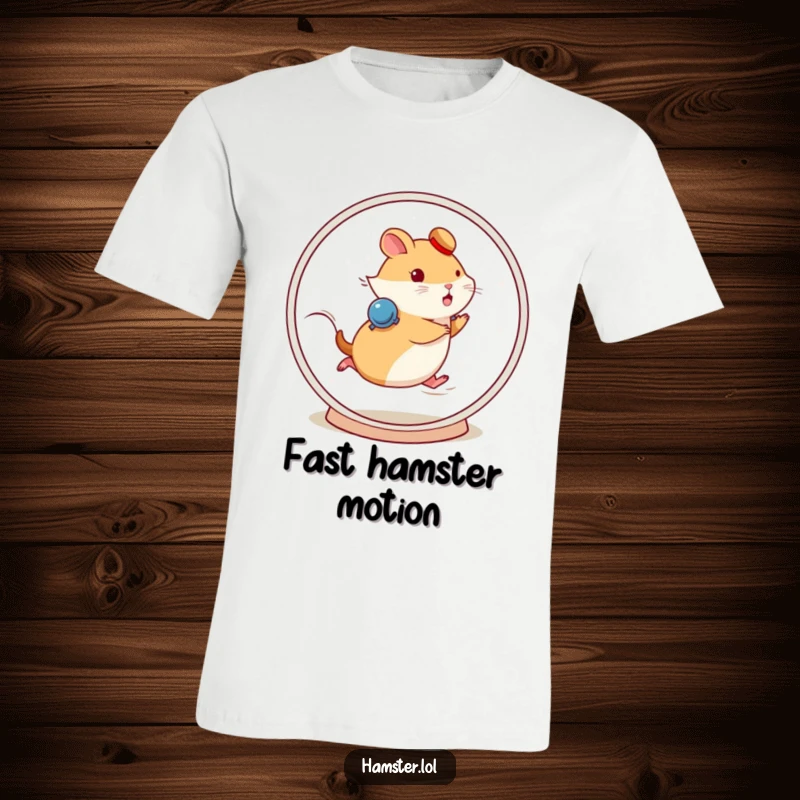 Funny hamster character running fast on a spinning wheel on a comfortable t-shirt, conveying motion.