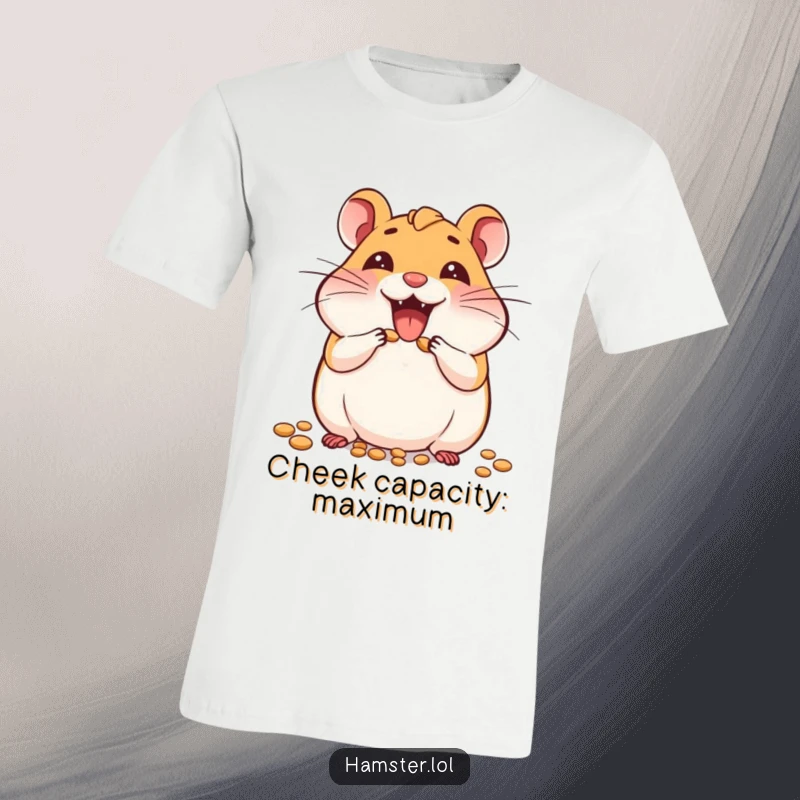 Funny t-shirt showcasing a joyful hamster character with impossibly stuffed cheeks, ready to hoard all the tasty seeds.