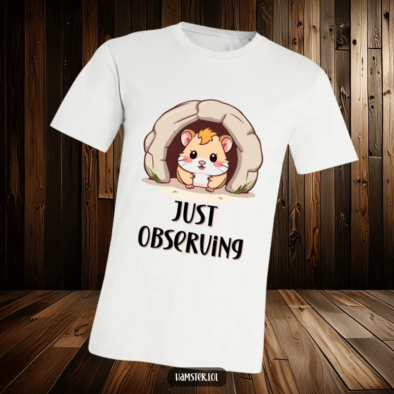 Funny T-Shirt displays a curious hamster peeking out from a miniature tunnel, suggesting exploration and a touch of mystery.